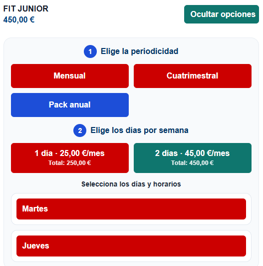 Elección de periodicidad días semanales y horarios de una actividad